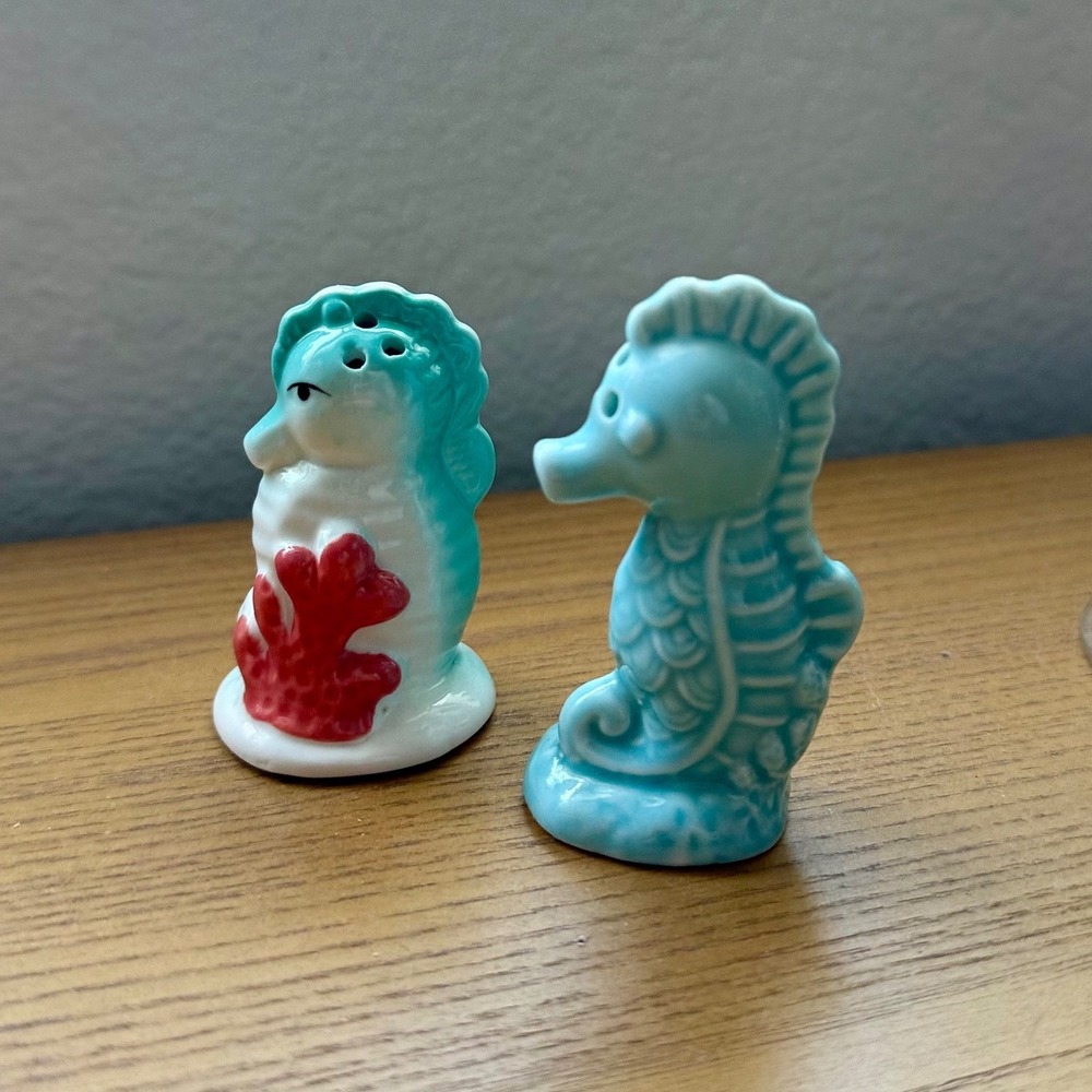 Vintage Ceramic Seahorse Salt and Pepper Shakers Set Aqua Blue Coral Coastal